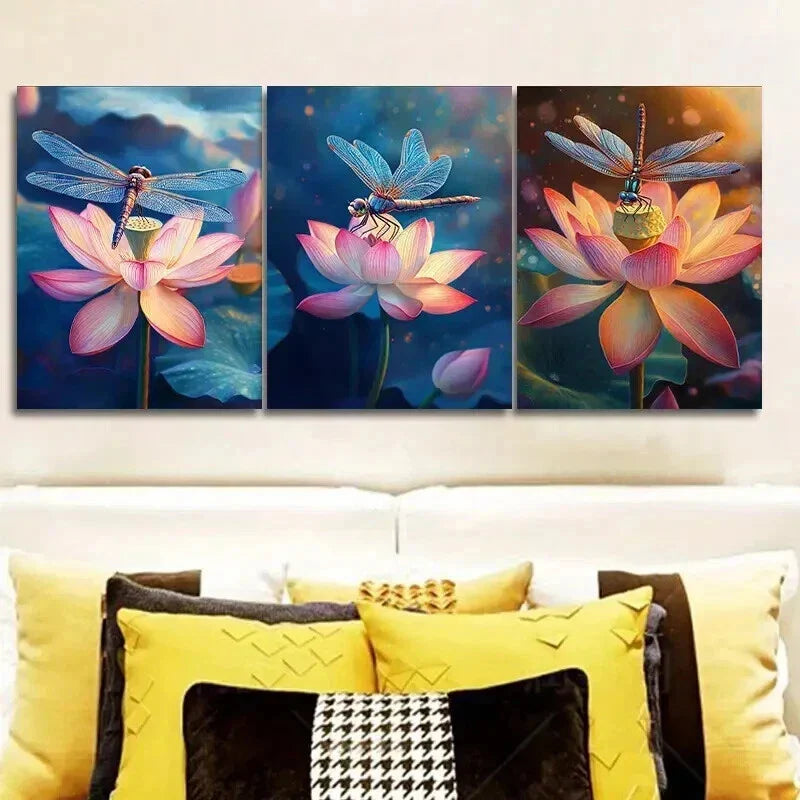 3pcs Dragonflies Resting on Lotus Flowers Wall Art Set Canvas Framed 40x60cm - High Quality Print 100% Australian Made Wall Canvas Ready to Hang