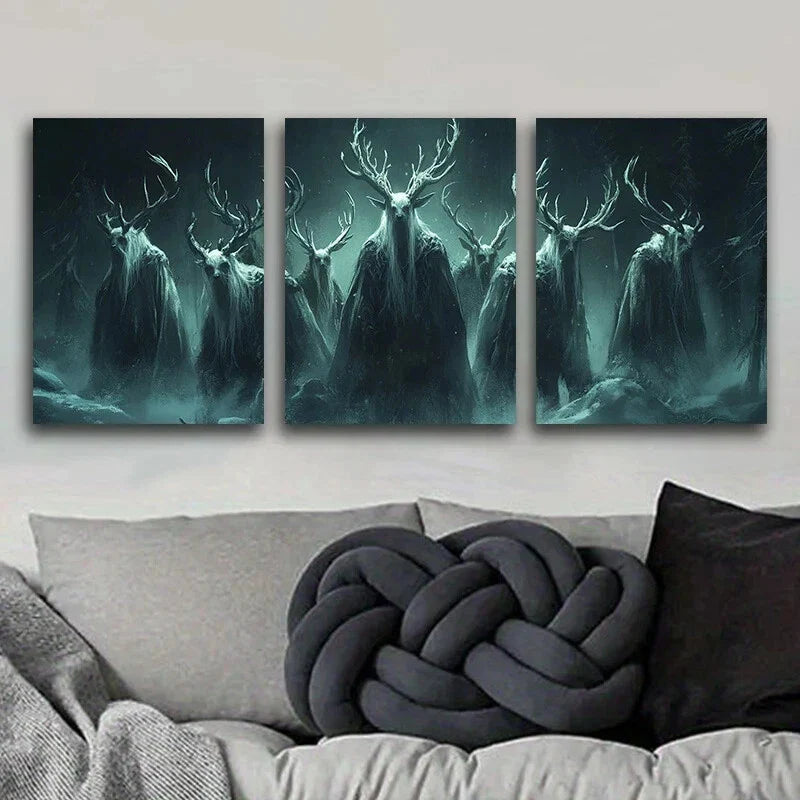 3pcs Antler Devil Painting Luxurious Metal Print Ready to Hang Art
