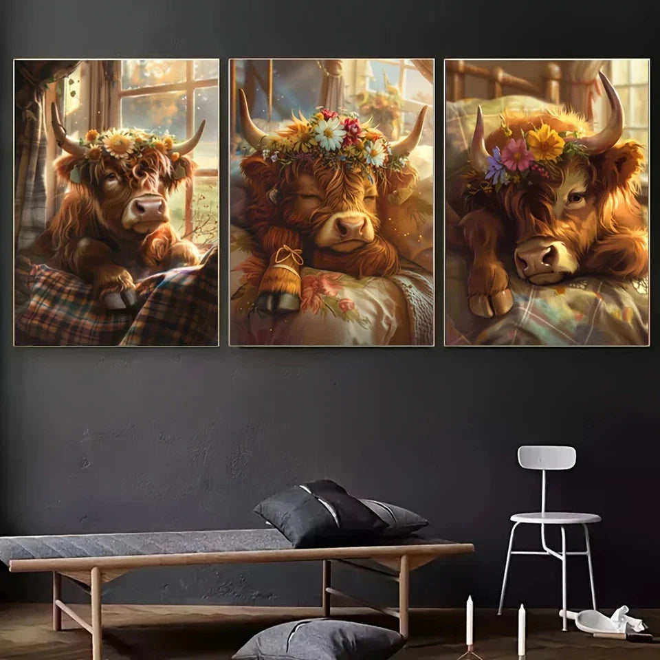 3pcs Highland Cow Animal Cattle Metal Print Ready to Hang Art