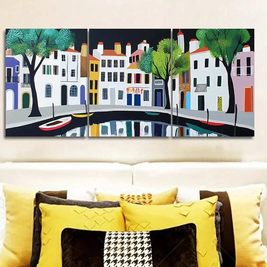 3pcs Ancient city canal Art Painting Metal Print Ready to Hang Art