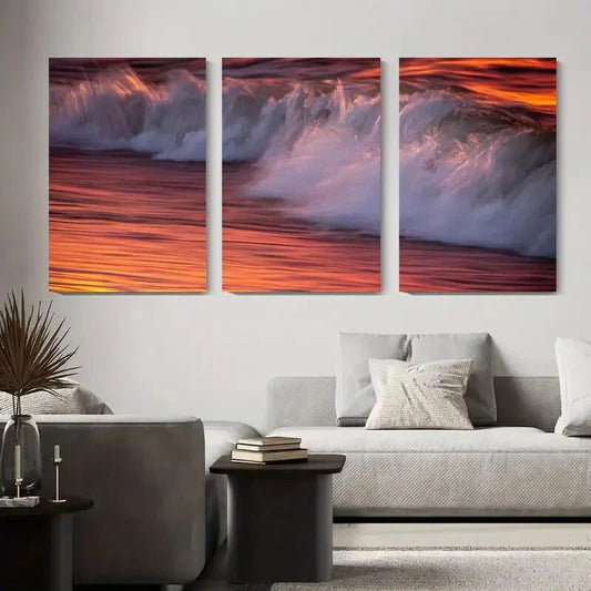 3pcs Vibrant Sunset Over the Sea Metal Print Ready to Hang Art