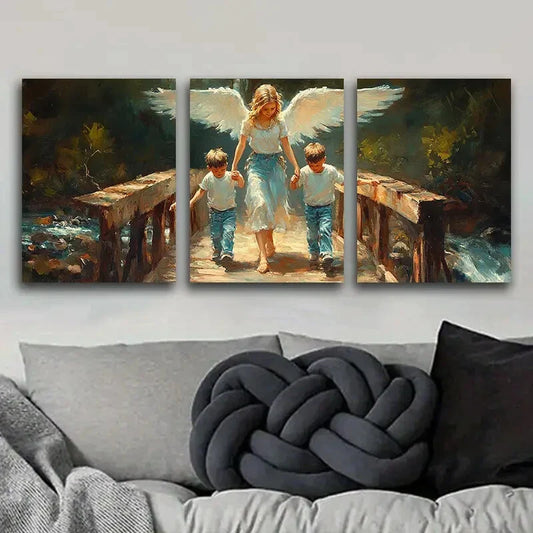3pcs Angel and Youngsters on Bridge, Metal Print Ready to Hang Art
