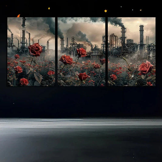 3pcs Red Roses Black Smoke Clouds Metal Print Ready to Hang Art