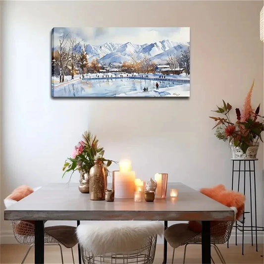 Ice Skaters & Snowy Mountains Wall Art Canvas Office Home Room Framed 120x60cm