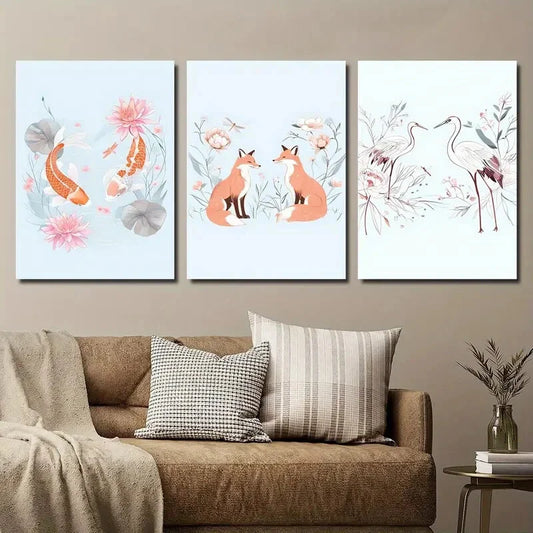 3pcs Koi Fox And Crane Cartoon Animals Botanical Metal Print Ready to Hang Art