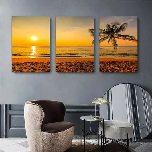3pcs Tropical Beach Sunset Coconut Tree Metal Print Ready to Hang Art