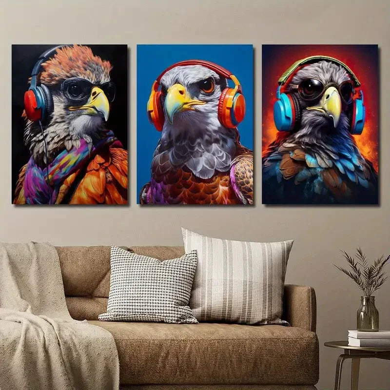 3pcs Vibrant Falcon with Headphones Wall Art Set Canvas Framed 40x60cm - High Quality Print 100% Australian Made Wall Canvas Ready to Hang