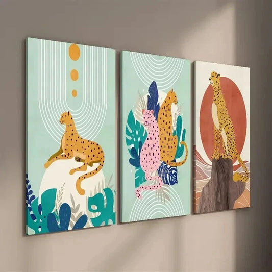 3pcs Abstract Cartoon Leopard And Plant Leaves Wall Art Set Canvas Framed 40x60cm - High Quality Print 100% Australian Made Wall Canvas Ready to Hang