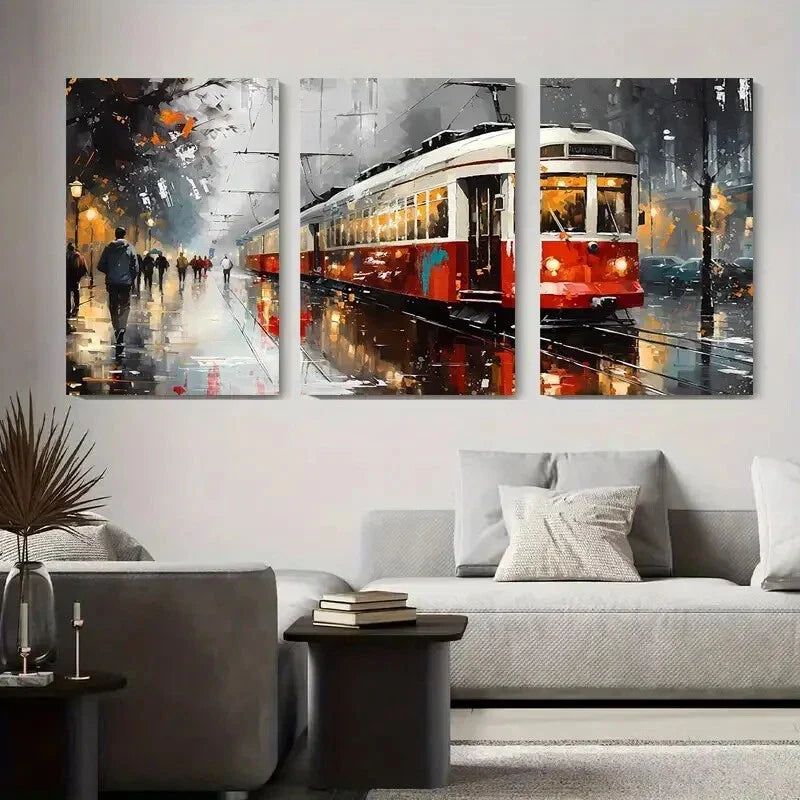 3pcs Colorful Urban Streetcar Painting Tram Metal Print Ready to Hang Art