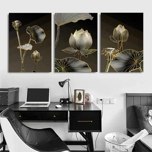 3pcs Black and Golden Lotus Floral Metal Print Ready to Hang Art