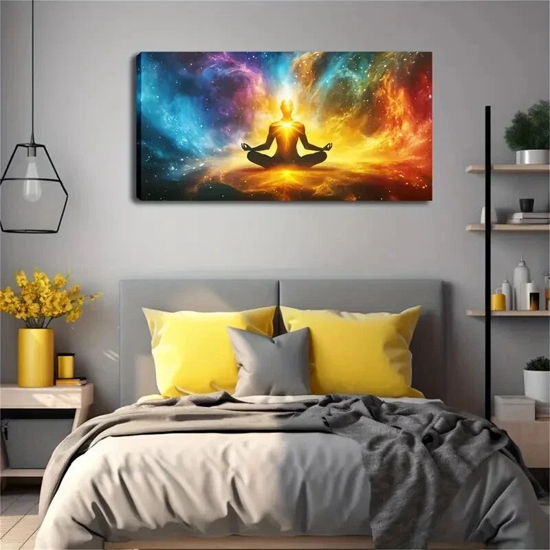 Meditation Silhouette Cosmic Wall Art Canvas Office Home Room Framed 80x45cm