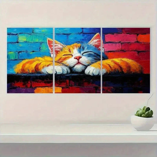 3pcs Sleeping Cat Vibrant Modern Design Metal Print Ready to Hang Art