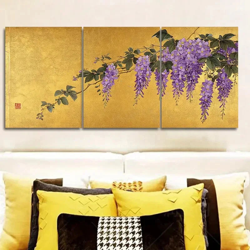 3pcs s Golden foil floral wisteria Metal Print Ready to Hang Art