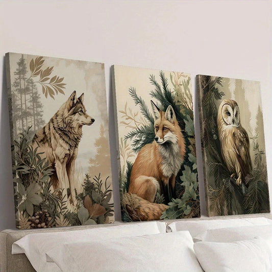 3pcs Wolf Fox Owl Natural Aesthetic Decoration Wall Art Set Canvas Framed 40x60cm - High Quality Print 100% Australian Made Wall Canvas Ready to Hang