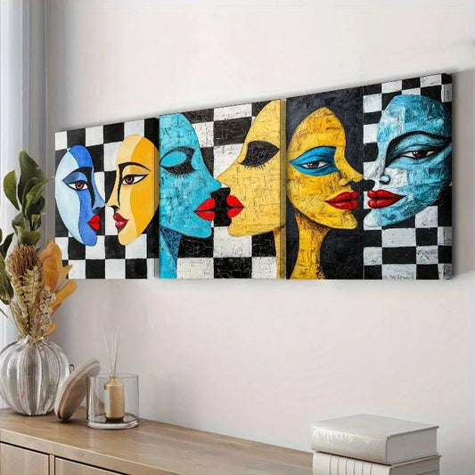 3pcs Two Strange Faces Looking At Each Other Wall Art Set Canvas Framed 40x60cm - High Quality Print 100% Australian Made Wall Canvas Ready to Hang