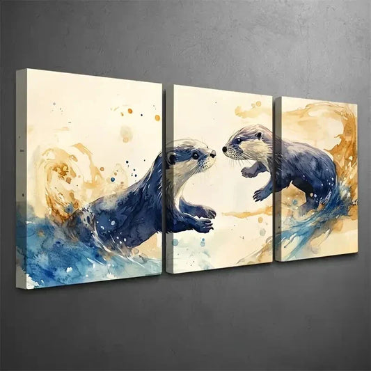 3pcs Summer Otters Playing in Indigo & Amber Wall Art Set Canvas Framed 40x60cm - High Quality Print 100% Australian Made Wall Canvas Ready to Hang