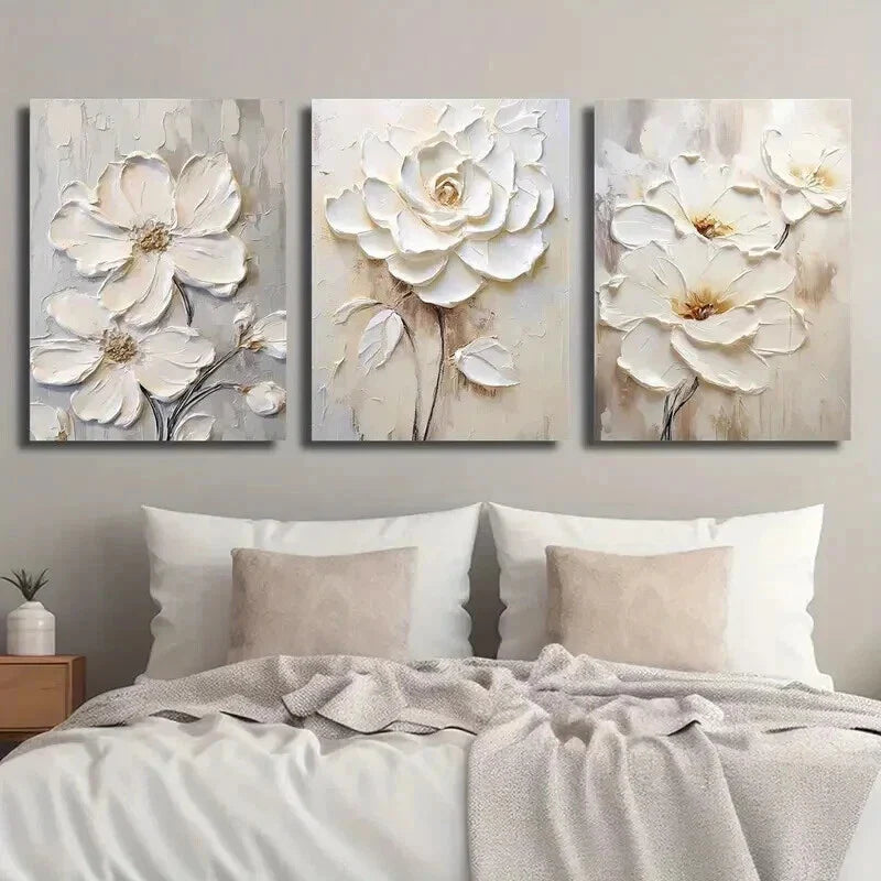 3pcs White Textured Flower Painting Wall Art Set Canvas Framed 40x60cm - High Quality Print 100% Australian Made Wall Canvas Ready to Hang