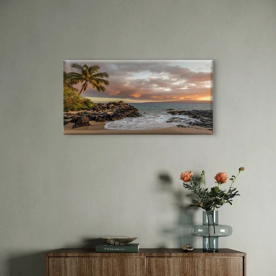 Rock Beach Palm Tree & Ocean Horizon Wall Art Canvas Office Home Framed 120x60cm