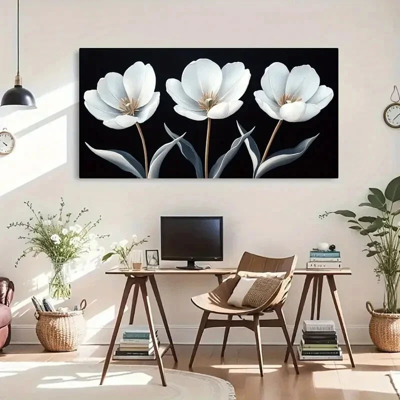 Elegant White Flowers on Dark Wall Art Canvas Office Home Room Framed 120x60cm