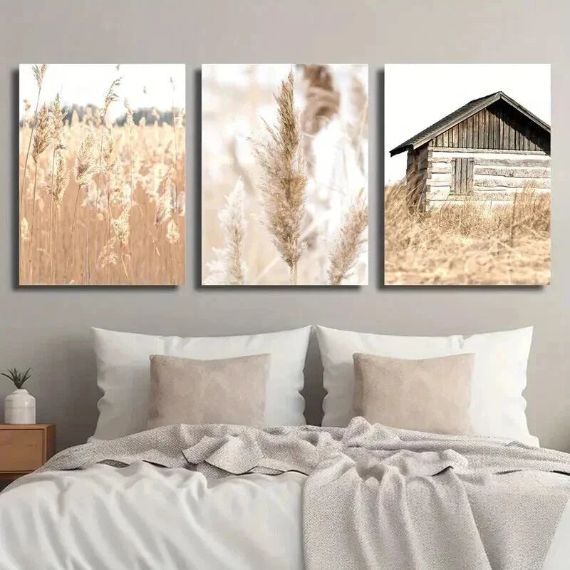3pcs Rustic House & Reed Fields Landscape Wall Art Set Canvas Framed 40x60cm - High Quality Print 100% Australian Made Wall Canvas Ready to Hang