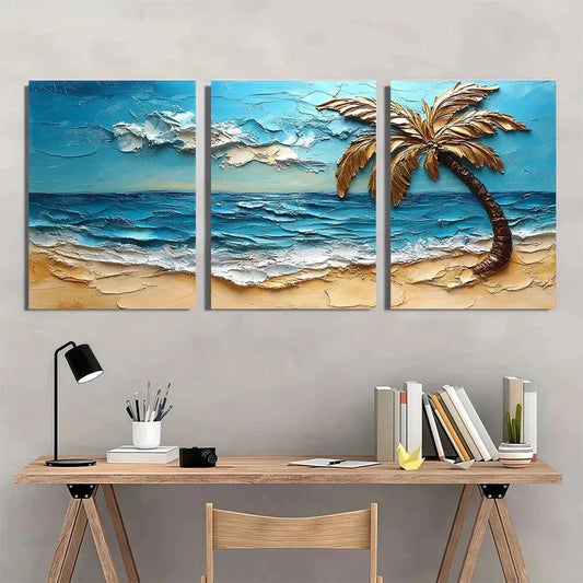 3pcs Palm Tree Beach Modern Coastal Relief Metal Print Ready to Hang Art