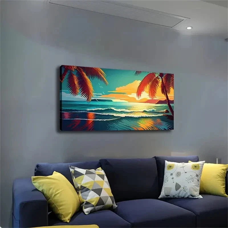 Tropical Beach Sunset Ocean Wall Art Canvas Office Home Room Framed 120x60cm