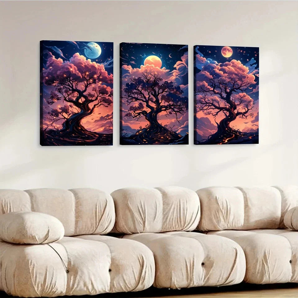 3pcs Cartoon Tree Glowing Branches Pink Clouds Wall Art Set Canvas Framed 40x60cm - High Quality Print 100% Australian Made Wall Canvas Ready to Hang
