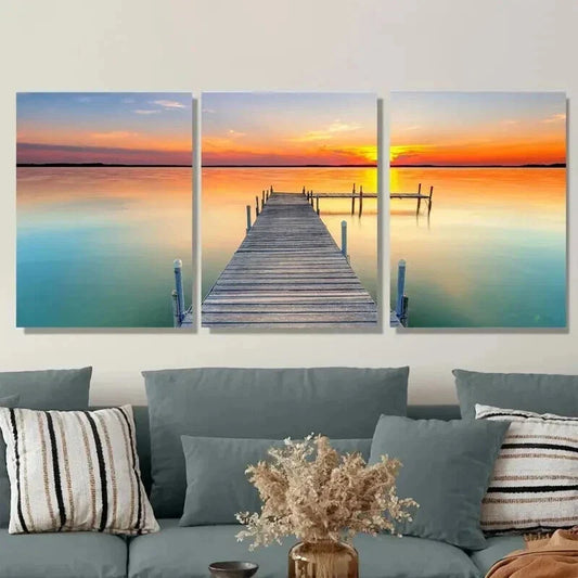 3pcs Serene Lake & Pier Scenes Landscape Wall Art Set Canvas Framed 40x60cm - High Quality Print 100% Australian Made Wall Canvas Ready to Hang
