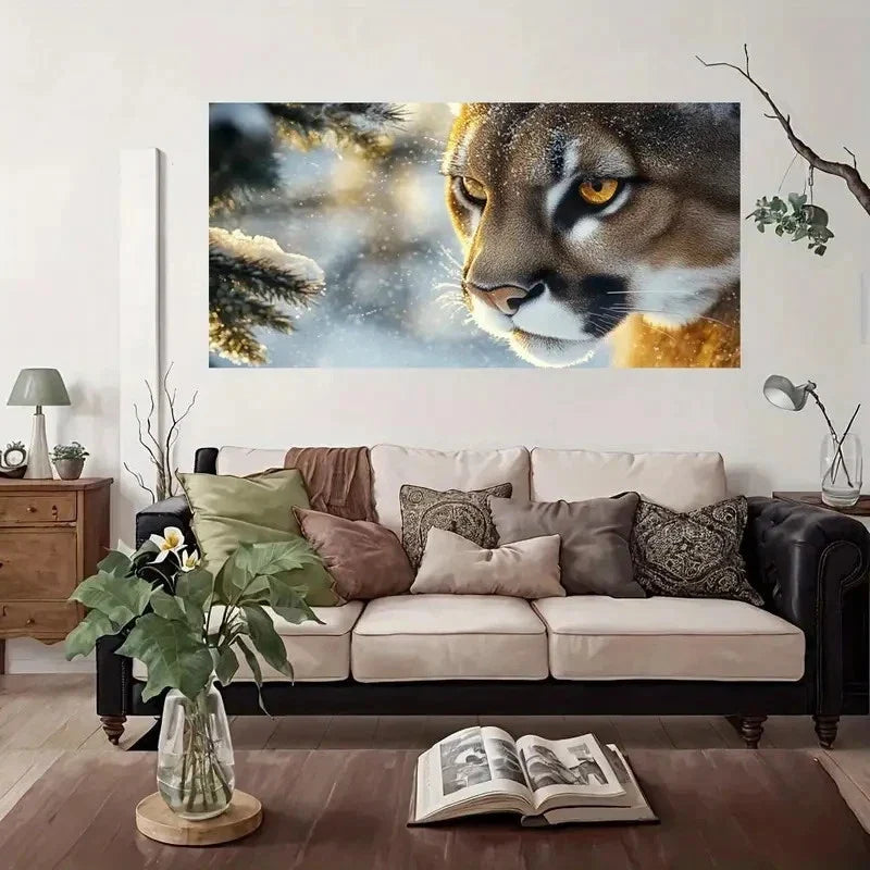 Winter Wildlife Mountain Lion Wall Art Canvas Office Home Room Framed 80x45cm