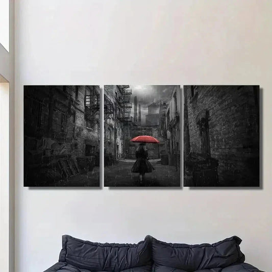 3pcs Red Umbrella Modern Black & White Metal Print Ready to Hang Art