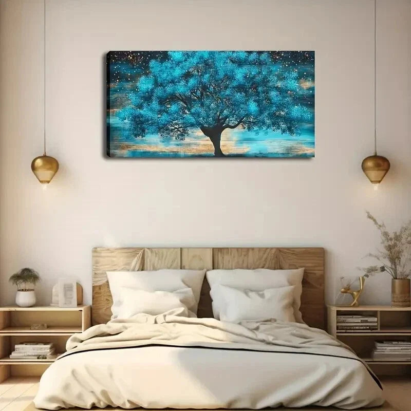Vibrant Blue Tree with Golden Wall Art Canvas Office Home Room Framed 80x45cm