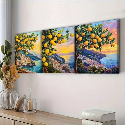 3pcss Lemon Tree In A Coastal Area Wall Art Set Canvas Framed 40x60cm - High Quality Print 100% Australian Made Wall Canvas Ready to Hang