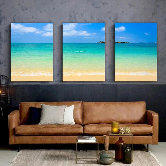 3pcs Bright Blue Tropical Beach Metal Print Ready to Hang Art