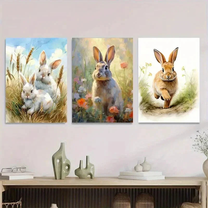 3pcs Charming Rabbit Brown Metal Print Ready to Hang Art