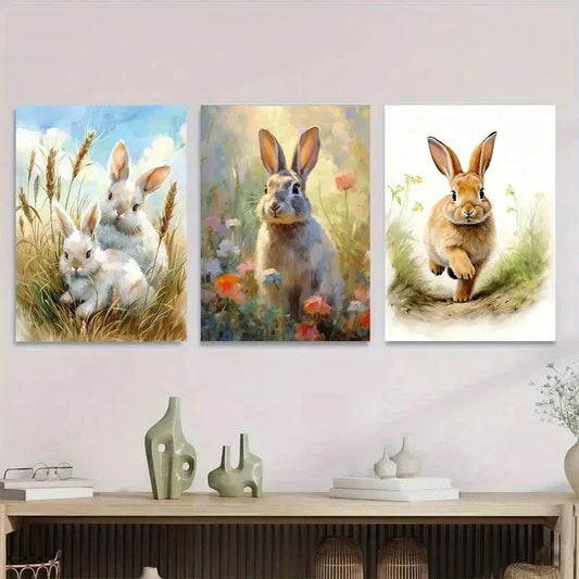 3pcs Charming Rabbit Brown Metal Print Ready to Hang Art
