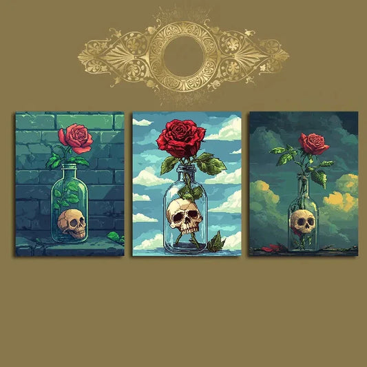 3pcs Skull Rose Vase White Clouds Metal Print Ready to Hang Art