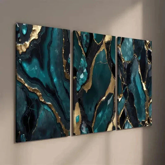 3pcs Stylish Blue & Golden Marble Fluid Decor Wall Art Set Canvas Framed 40x60cm - High Quality Print 100% Australian Made Wall Canvas Ready to Hang