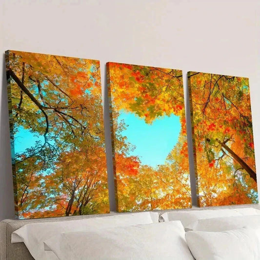 3pcs Heart Shaped Autumn Forest Trees Wall Art Set Canvas Framed 40x60cm - High Quality Print 100% Australian Made Wall Canvas Ready to Hang