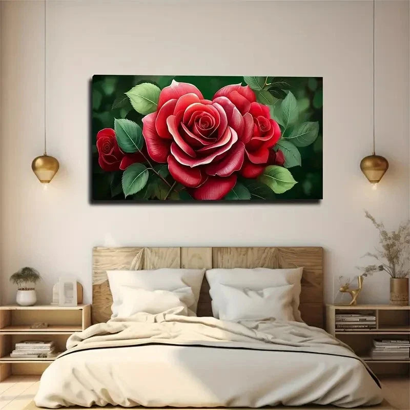Vibrant Red Rose Leaves Wall Art Canvas Office Home Room Framed 80x45cm