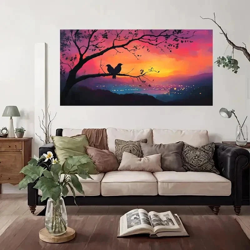 Romantic Sunset Birds Branch Wall Art Canvas Office Home Room Framed 80x45cm