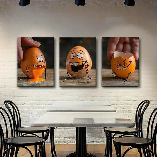 3pcs Funny Egg Playful Cartoon Perfect Wall Art Set Canvas Framed 40x60cm - High Quality Print 100% Australian Made Wall Canvas Ready to Hang
