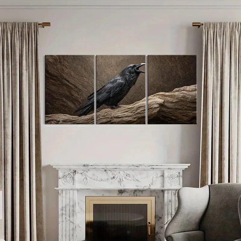 3pcs Black Crow Perched on Branch Natural Metal Print Ready to Hang Art