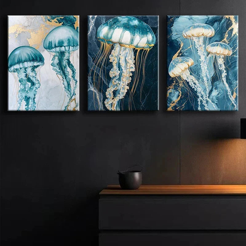 3pcs Beautiful Painting jellyfish Metal Print Ready to Hang Art