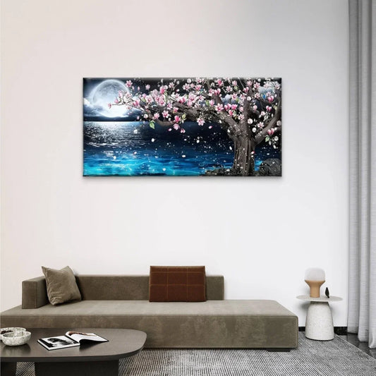 Trees Flowers Moon Water Wall Art Canvas Office Home Room Framed 80x45cm