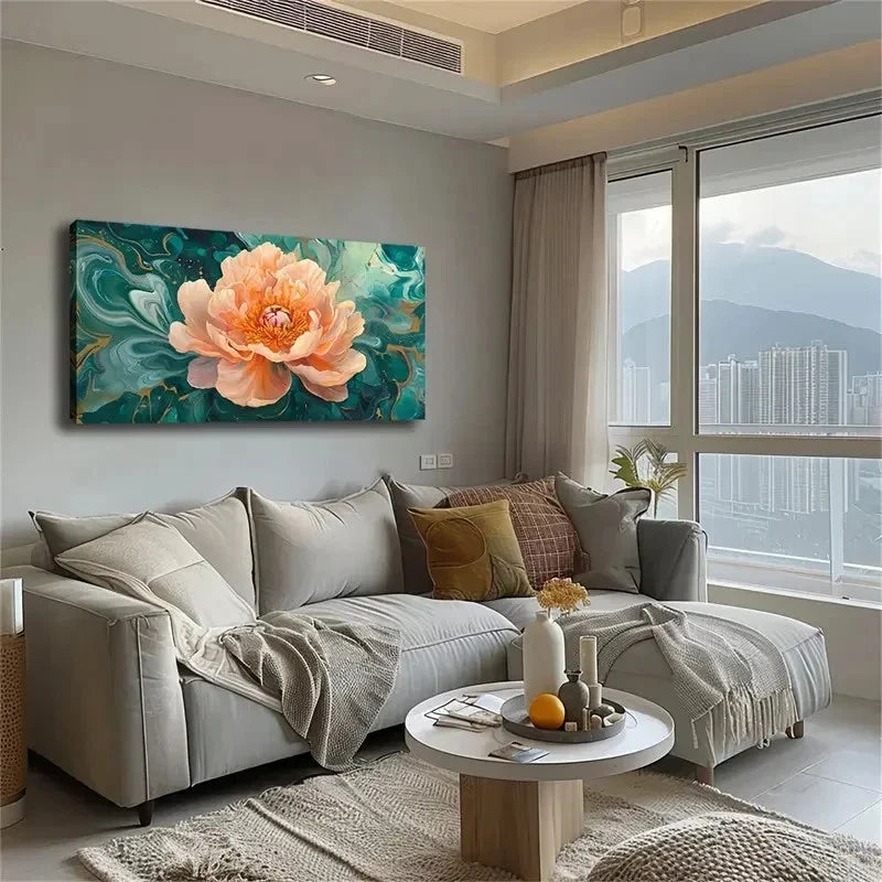 Peony Bloom Teal & Golden Wall Art Canvas Office Home Room Framed 120x60cm