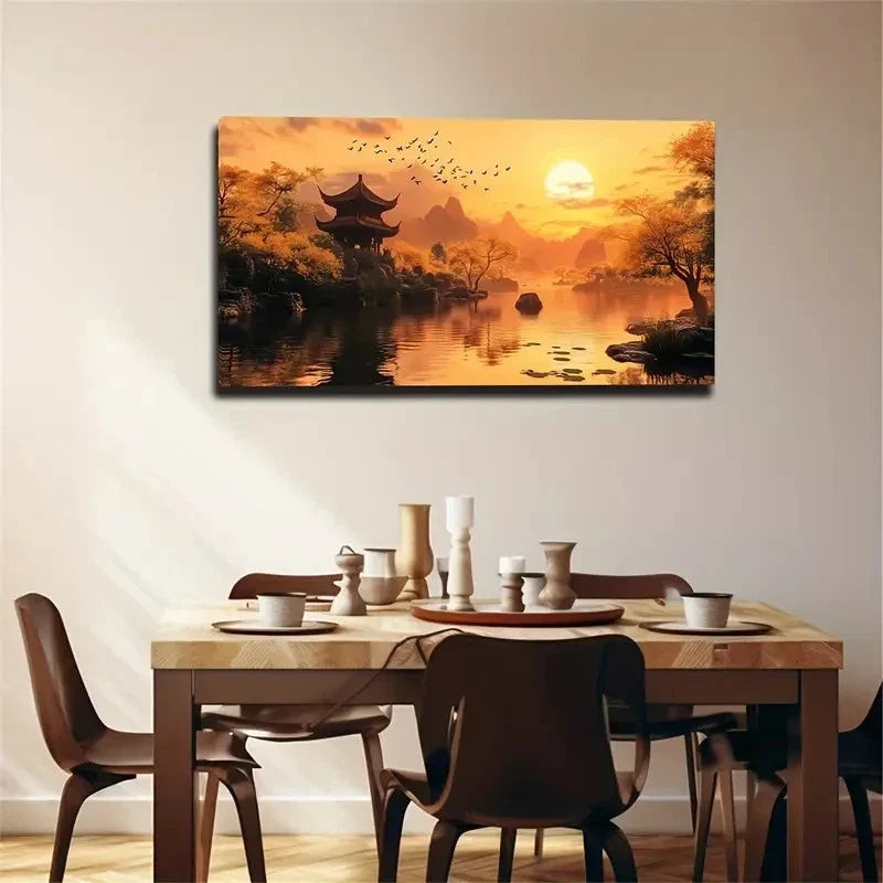 Vintage Pagoda Lake Pastoral Wall Art Canvas Office Home Room Framed 120x60cm