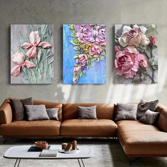 3pcs Pink and White Colourful Flowers Metal Print Ready to Hang Art