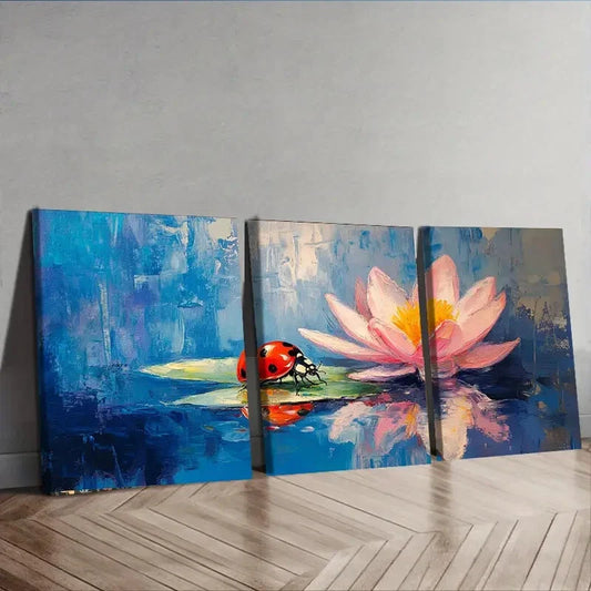 3pcs Ladybug & Water Lily Painting Bug Floral Wall Art Set Canvas Framed 40x60cm - High Quality Print 100% Australian Made Wall Canvas Ready to Hang