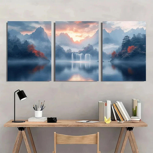 3pcs Mountain River Tree Scene Metal Print Ready to Hang Art