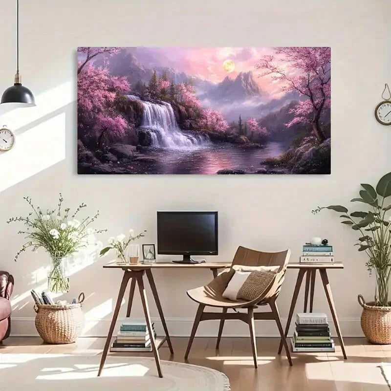 Waterfall Cherry Blossoms Wall Art Canvas Office Home Room Framed 80x45cm